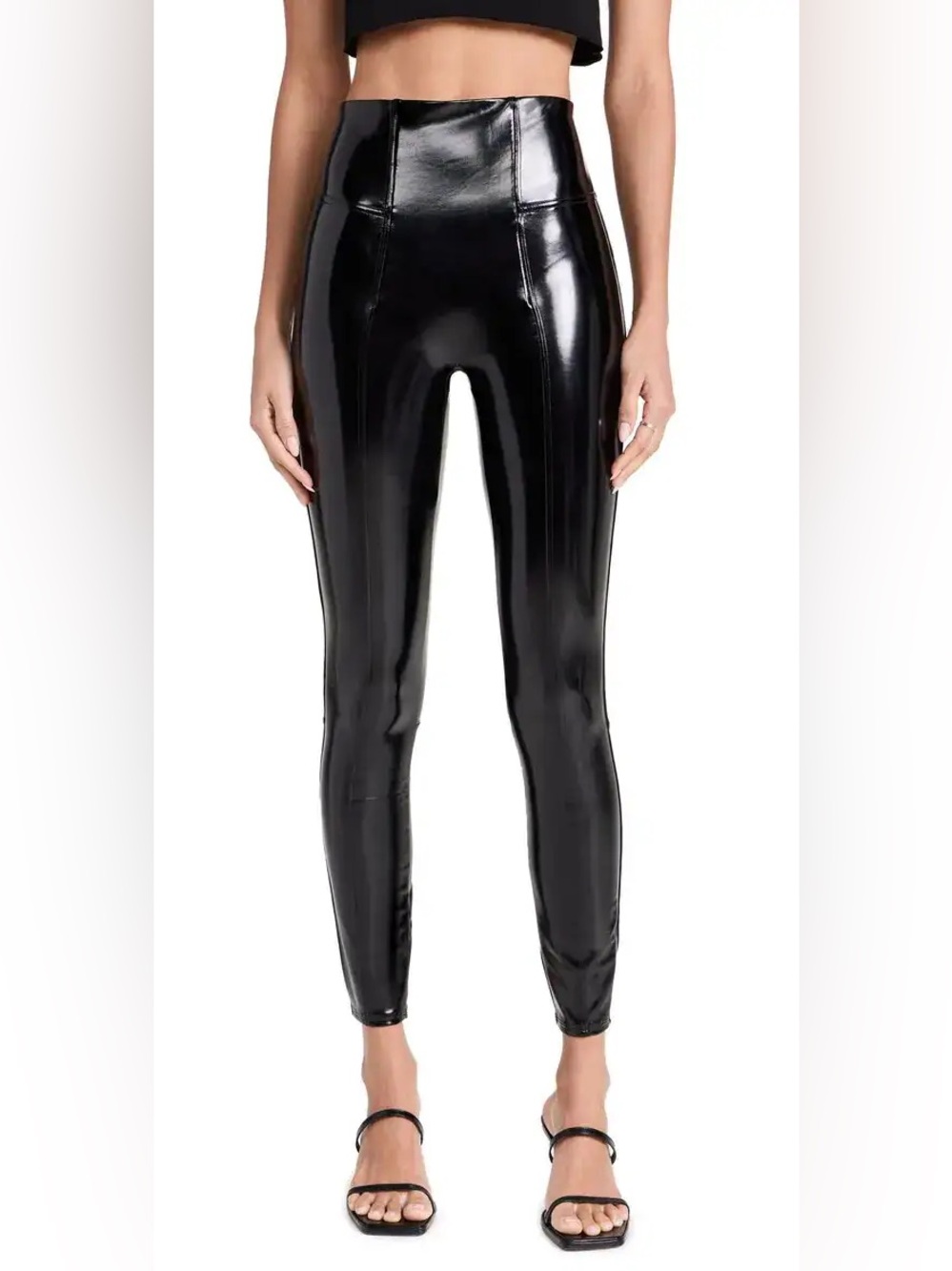 Spanx Black Vegan Leather Leggings Chic Feminine Slimming Shine Contemporary